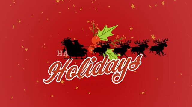 Animation of happy christmas text over falling snowflakes on red background