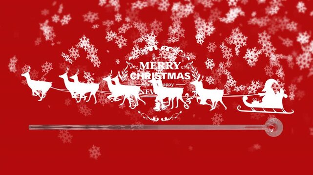 Animation of christmas greetings text and santa claus in sleigh with reindeer on red background