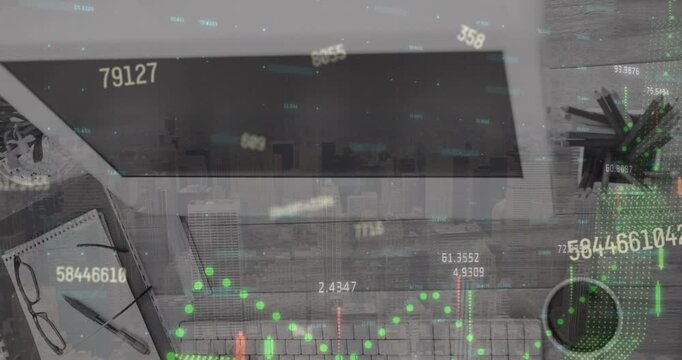 Animation of data processing and changing numbers over office equipment on wooden surface