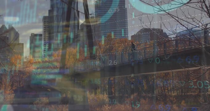 Animation of statistical data processing over people walking on city bridge