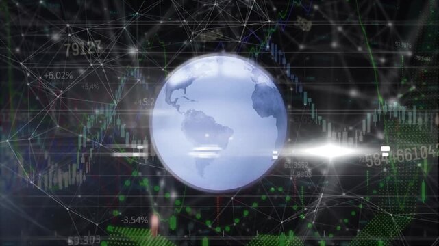 Animation of globe over connected dots, graphs with increasing numbers and lens flare