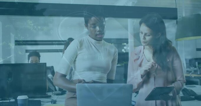 Animation of numbers, letters, time-lapse of walking people, diverse coworkers discussing reports