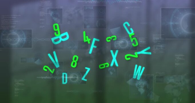 Animation of data processing over letters and numbers