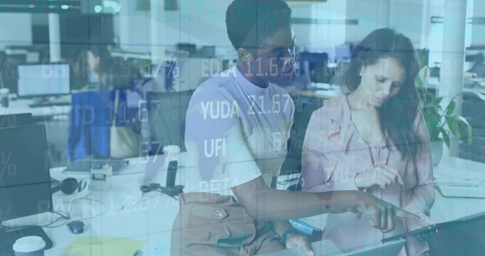 Animation of statistics and financial data processing over diverse businesswomen in office