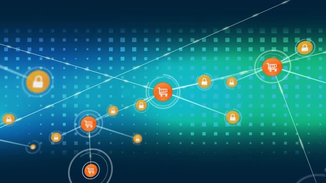 Animation of network of digital icons against glowing gradient square shape pattern design