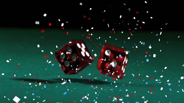 Animation of red dices and confetti on black background
