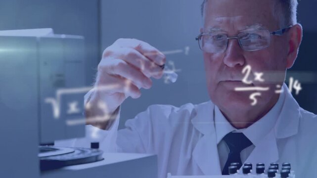 Animation of mathematical equations over caucasian male scientist doing experiment in lab
