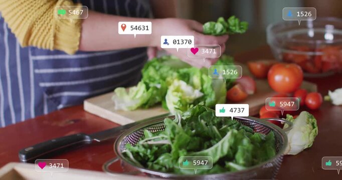 Preparing fresh vegetables in kitchen, social media likes and comments appearing