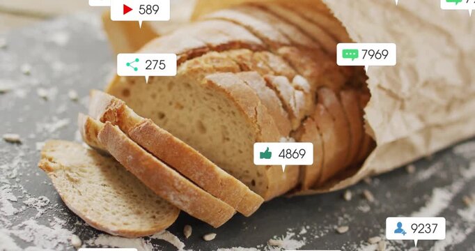 Animation of sliced bread with social media notification icons in kitchen scene