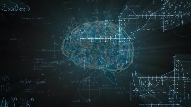 On brain emergence, neon brain rotating while equations emerging showing math concept in 3D render