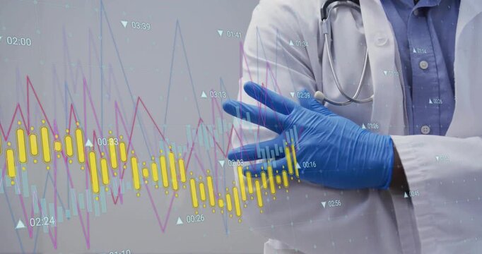 Medical doctor adjusting gloves while analytics overlay streaming patient data for diagnostics