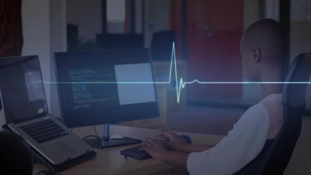 software developer coding, launching ECG, scrolling heartbeat waveform on transparent background