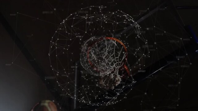Player bringing basketball to hoop and shooting ball through net, visualizing AR network response