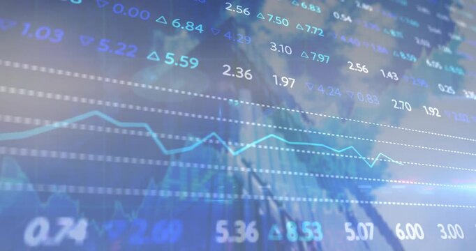 Appearing grid over skyline, stock values updating, oscillating on blue graph showing market trends