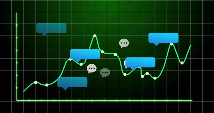 After neon grid axes forming empty chart neon line drawing and popping bubbles showing chat trends