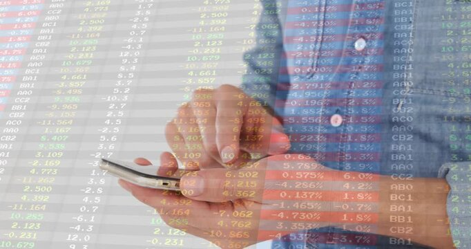 Right index finger approaching touchscreen, denim shirt tapping phone, checking overlaying tickers