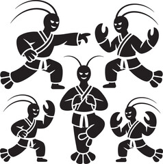 Fototapeta premium Five stylized lobster characters practicing martial arts in various dynamic poses vector illust