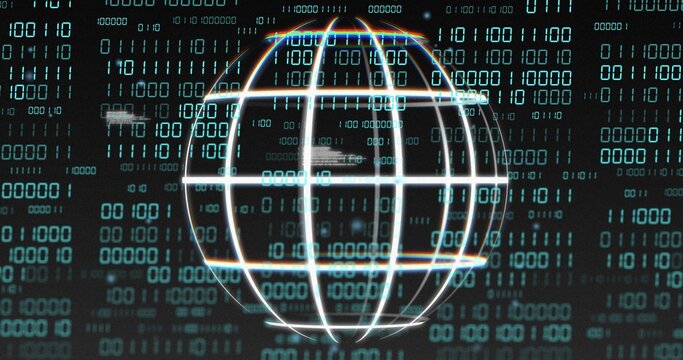 Rotating white wireframe globe hologram in dark teal binary backdrop, showing intersecting rings