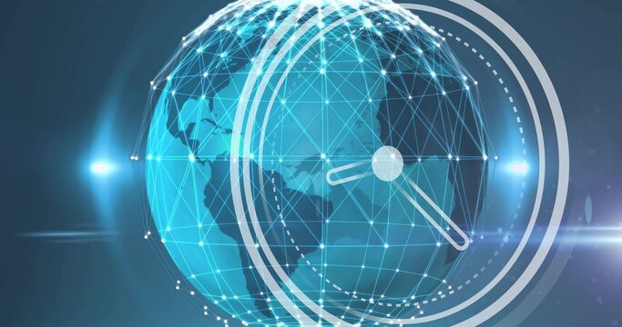 Glowing globe displaying Americas outlines and polygon mesh in virtual HUD, showing clock hands