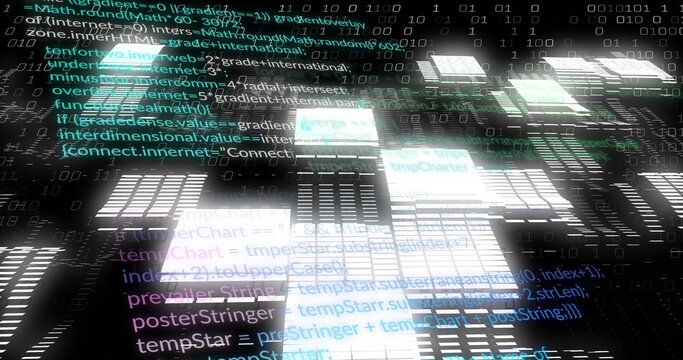 Glowing glassy panels moving through virtual data plane, showing code snippets and binary digits