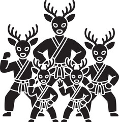 Fototapeta premium Group of deer in martial arts uniforms preparing for a fight in outline style