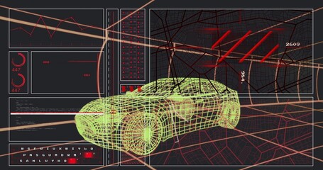 Fototapeta premium Booting neon green wireframe sports car rotating on grid, UI panels updating for testing