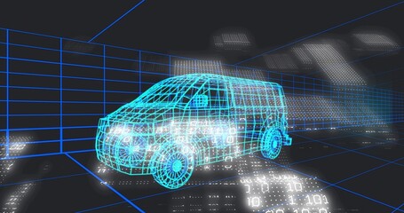 Fototapeta premium Displaying holographic cyan wireframe van rotating in dark virtual studio, with binary code