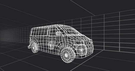 Naklejka premium Camera dollying, wireframe passenger van showing polygon mesh, edge loops, spoke meshes for CAD