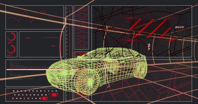 Booting neon green wireframe sports car rotating on grid, UI panels updating for testing