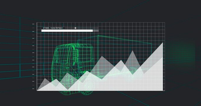 Displaying translucent panel over neon wireframe van in teal grid, showing chart and slider