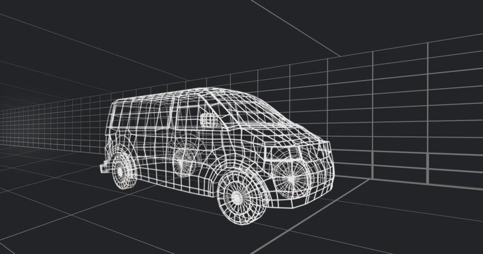 Camera dollying, wireframe passenger van showing polygon mesh, edge loops, spoke meshes for CAD