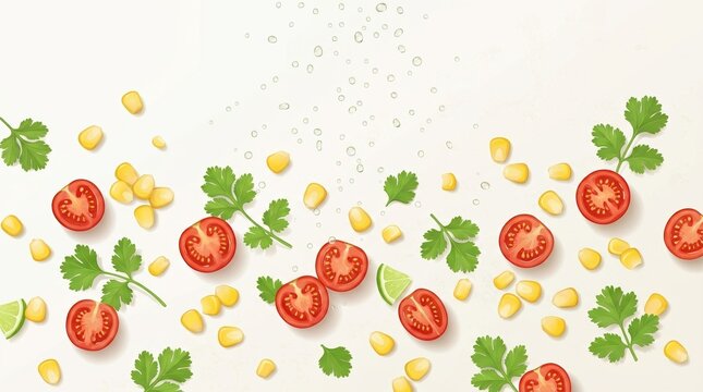Top view of scattered corn kernels tomato halves and cilantro with suspended lime droplets above a pale surface, airy minimal