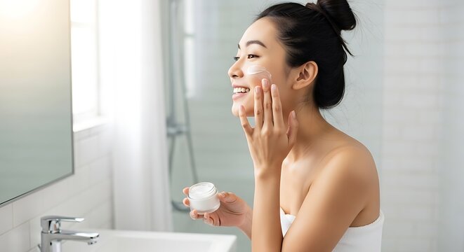 Mulher aplicando creme facial em banheiro moderno