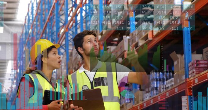 Vertical video: Checking clipboard duo pointing at shelves verifying stock on tablet in aisle hivis