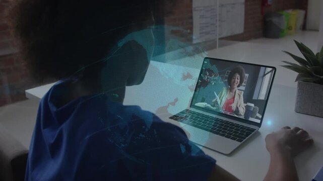 Call connecting, user watching host showing brochure, globe rotating over screen for learning