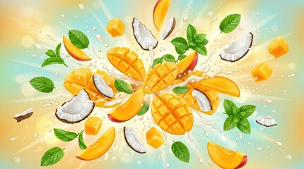 Obraz premium Mango coconut and mint bursting outward from the center with scattered coconut milk droplets radiating in all directions,