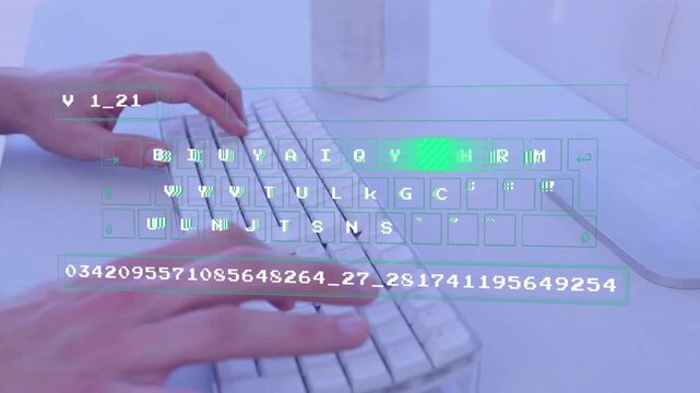 First key tap starting green HUD, typist hands typing, keys lit, progress filling for data logging