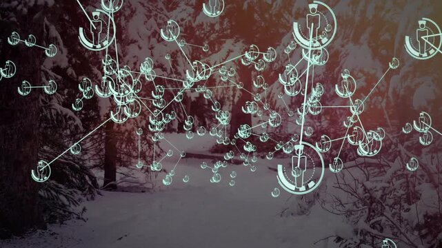 HUD network reacting to frames, clustering pulsing nodes over snowy trail for tech visualization