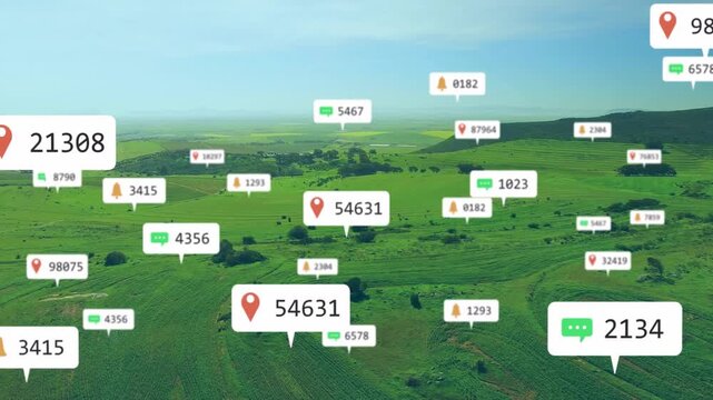 Drone initiating sweep, moving forward-right while fields receiving data labels showing crop health