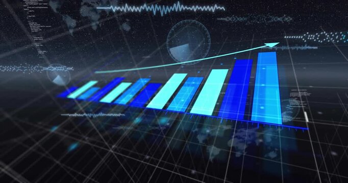 Bar chart rising in 3D data plane, feed driving bars, cyan arrow sweeping showing finance growth
