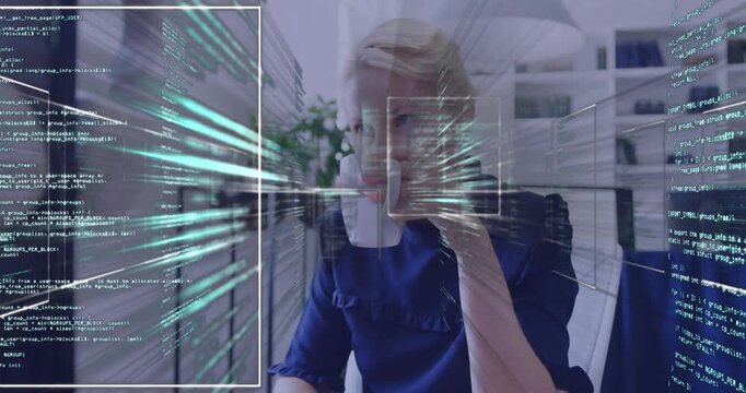 Office worker sipping white mug and returning gaze, causing HUD code converging for data analysis