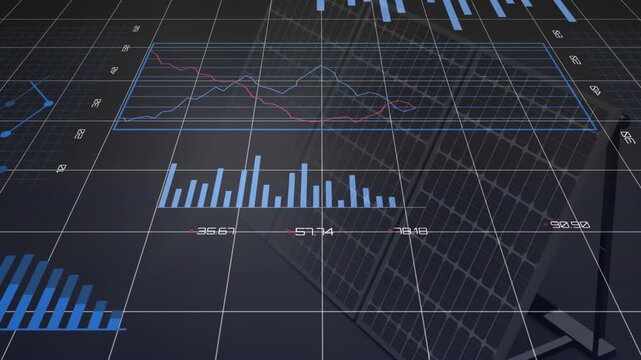 Camera panning upward data hub revealing rotating pies, donut forming labels updating for analytics