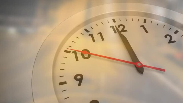 Analog clock face sweeping red second hand across dial, mechanism marking time for broadcast