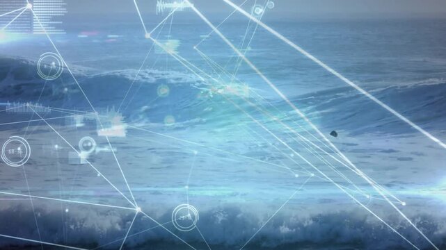 Vertical video: Swell rising lone surfer paddling and keeping course while HUD tracking waves