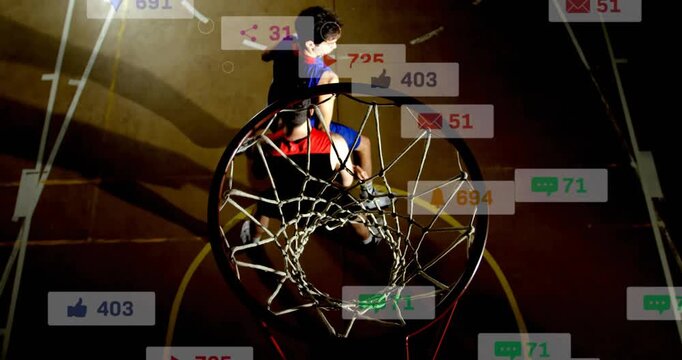 Blue player gaining ball, driving hoop while red defender contesting, sports icons growing opacity