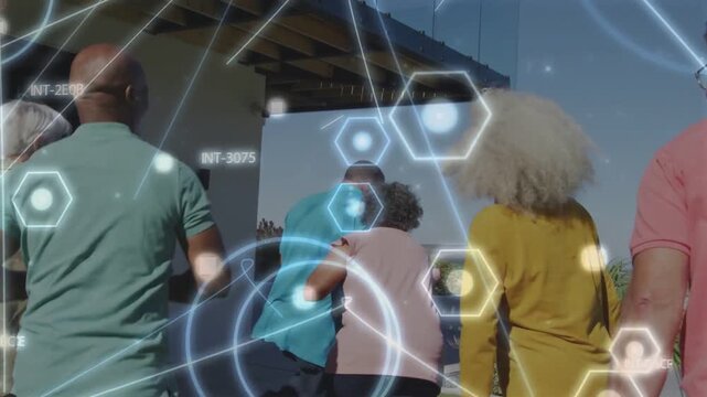 Multi-gen group stepping toward patio frame after spotting coastal view, tech hexagon overlaying