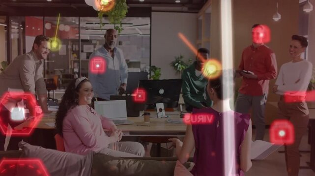 Seated presenter raising hand presenting activating AR centering red hexagons business team leaning