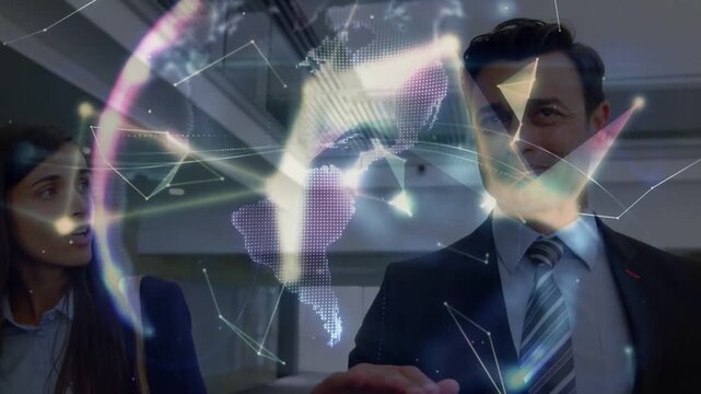 Woman and man walking in business atrium, movement starting mesh network and glowing globe forming