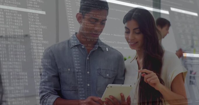 Vertical video: Woman pointing and man tapping tablet while overlay sliding in for review
