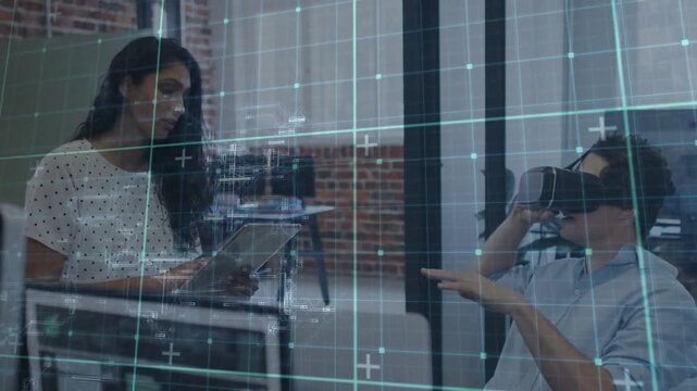 Woman tapping tablet triggers tester adjusting VR headset for VR UX test, HUD reacting to gestures
